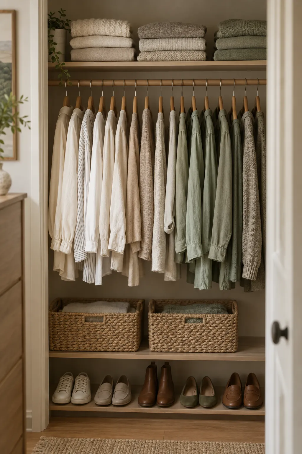 An organized closet with evenly spaced hangers and folded knits
