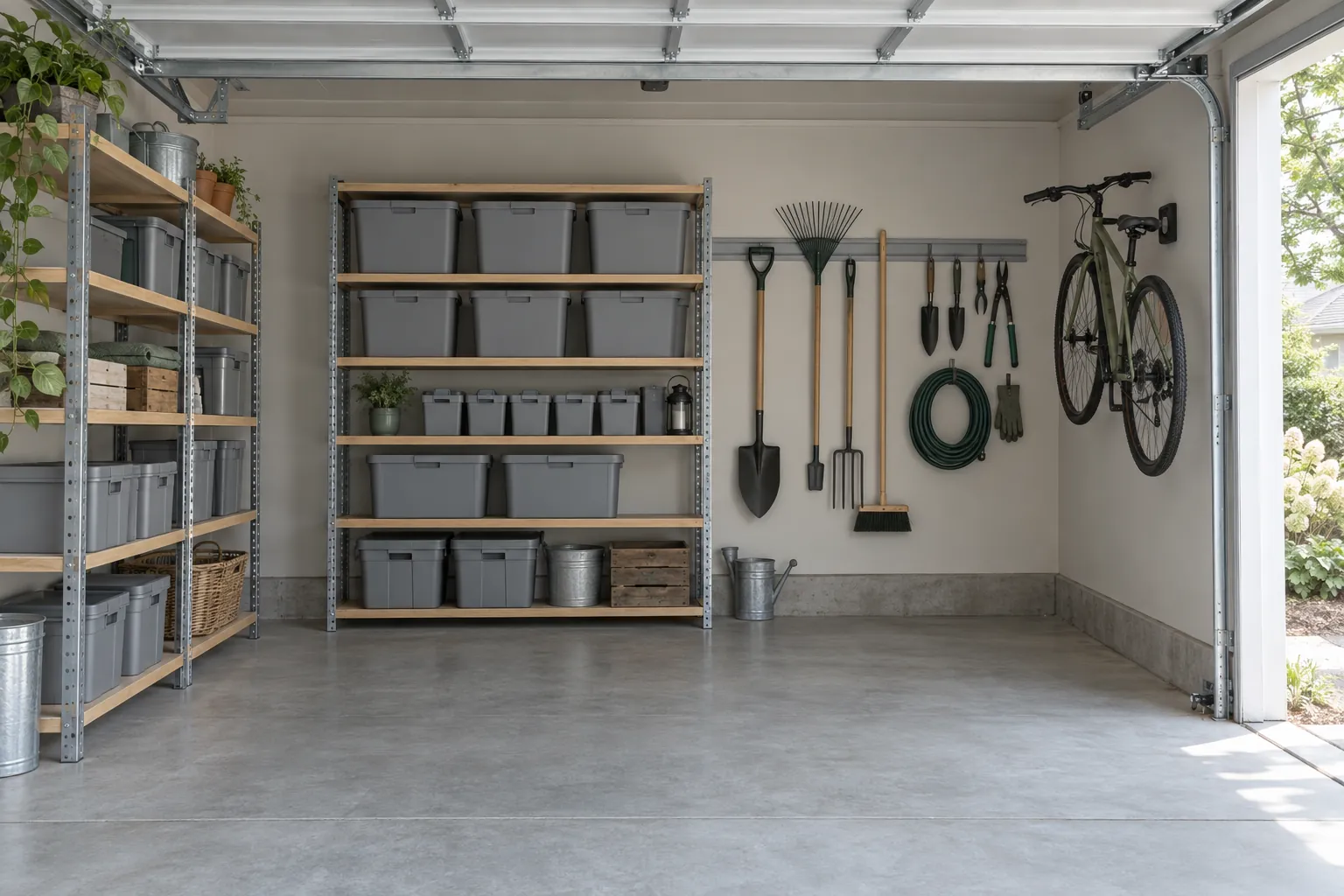 An organized garage with bins on shelving and tools hung on a wall rail