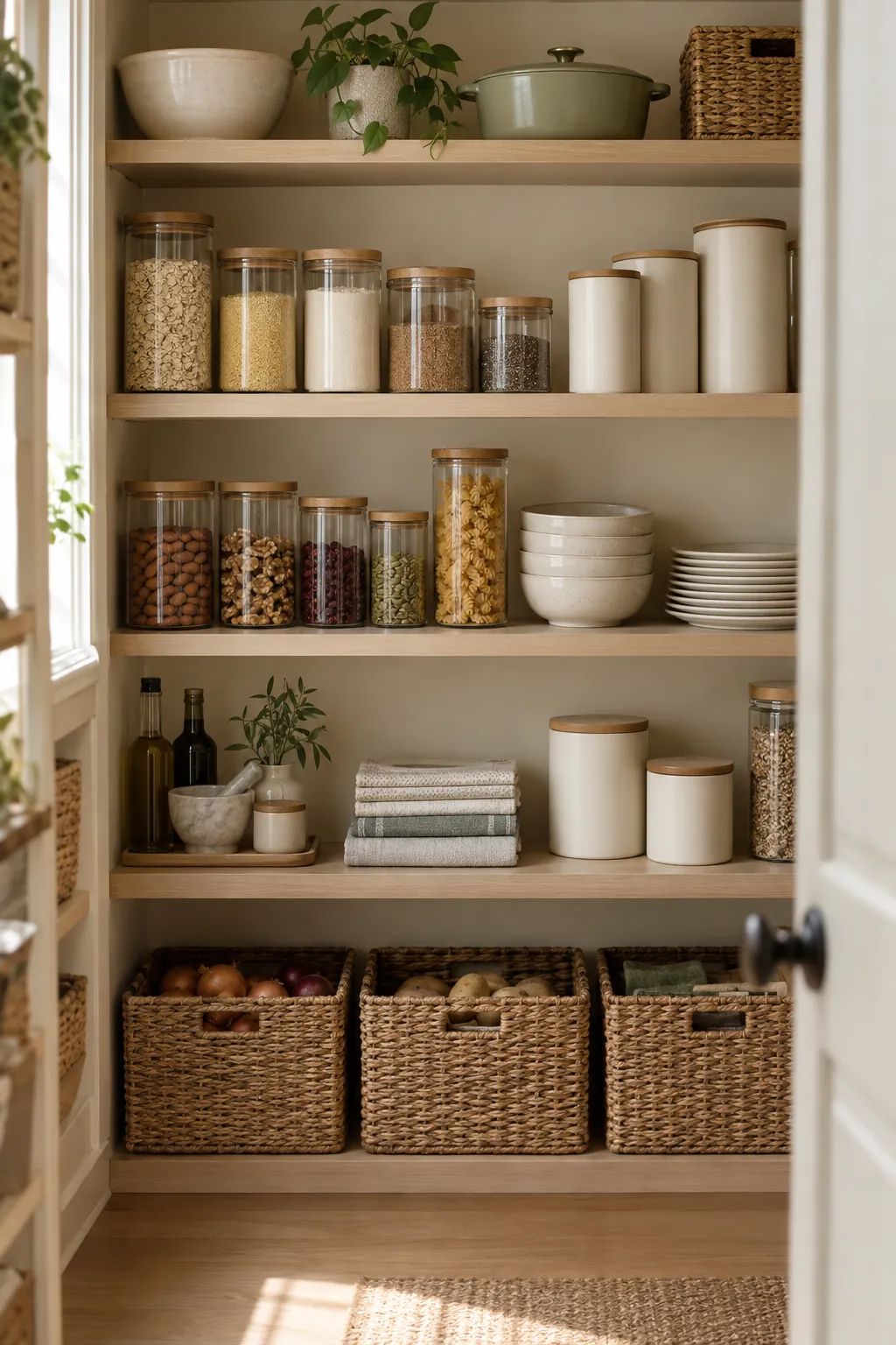 An organized pantry with grouped canisters and woven baskets