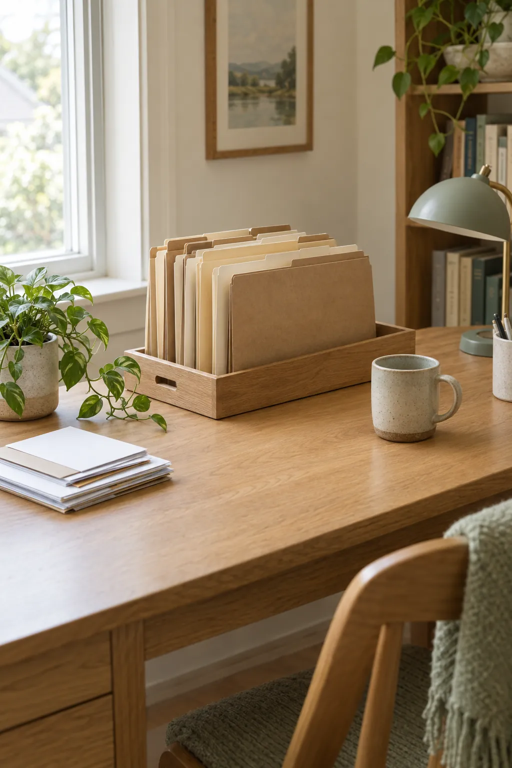 A tidy desk with sorted file folders in a wooden tray